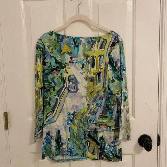 Peck & Peck Multicolor Graphic Watercolor Euro Street Scene Blouse Size Medium M - Picture 2 of 3